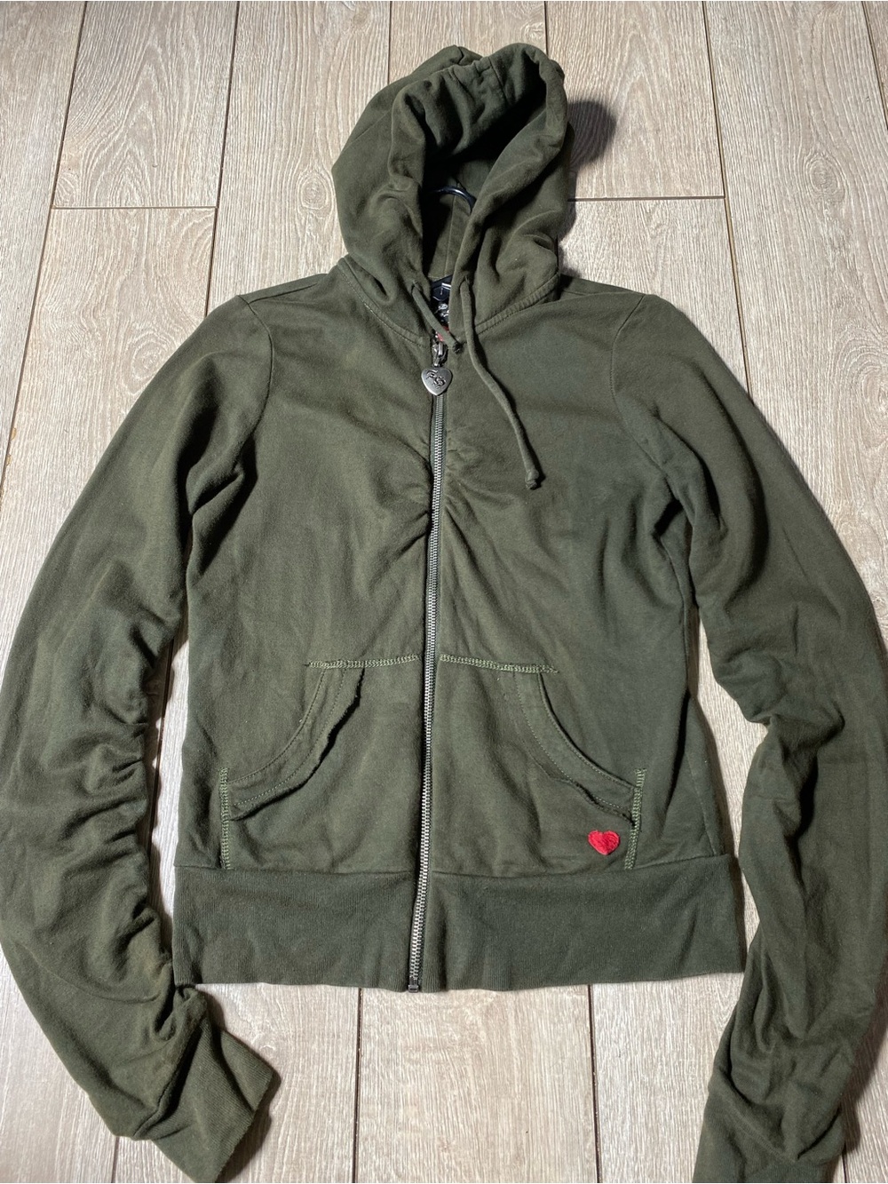 Vintage Twisted Heart Olive Green Y2K Rhinestone Hoodie Mallgoth XS/S 2000s